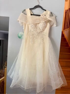 Boutique Cream Sequin Tulle Off-The-Shoulder Cocktail Dress Size S
